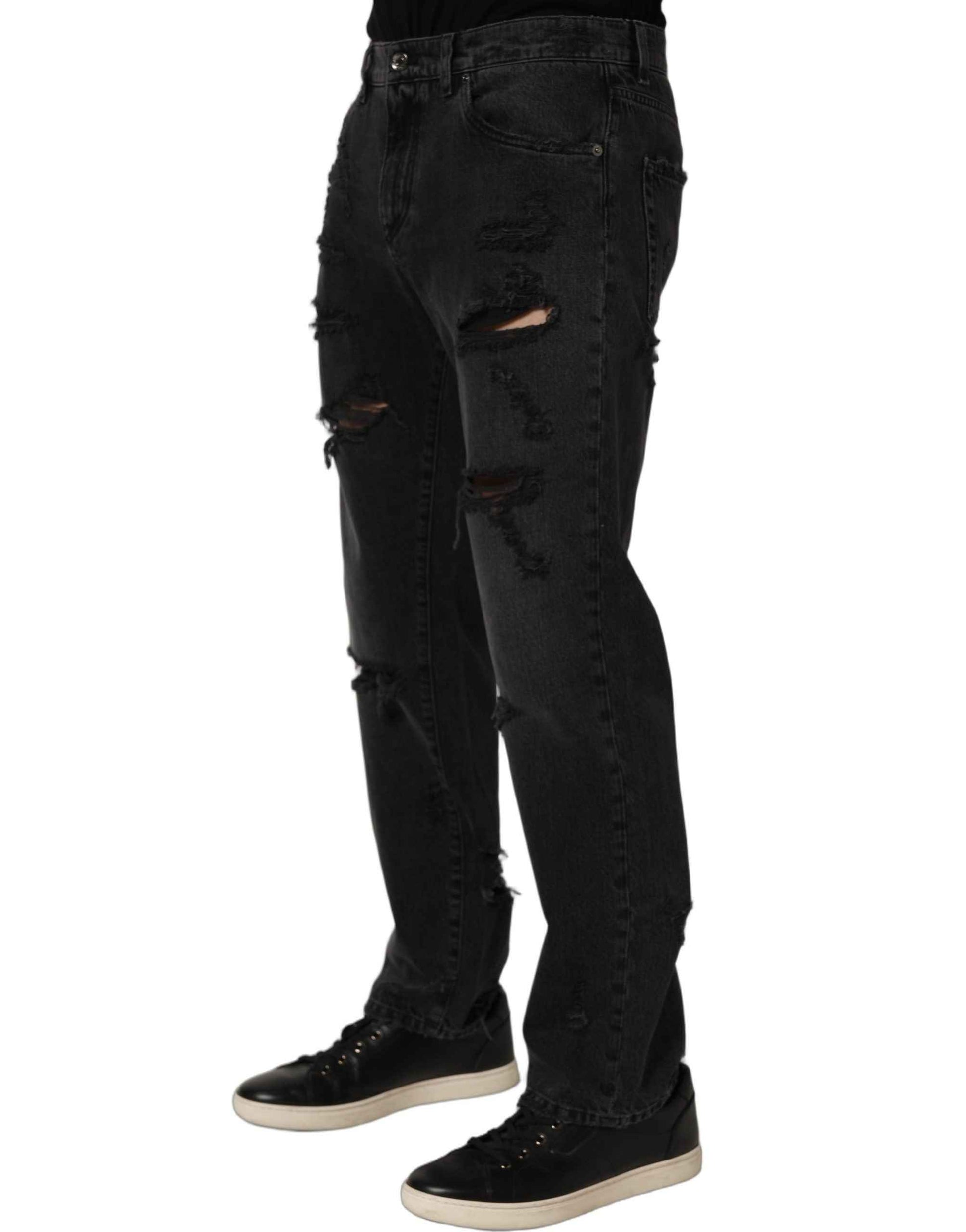 Dark Gray Cotton Ripped Men Denim Jeans