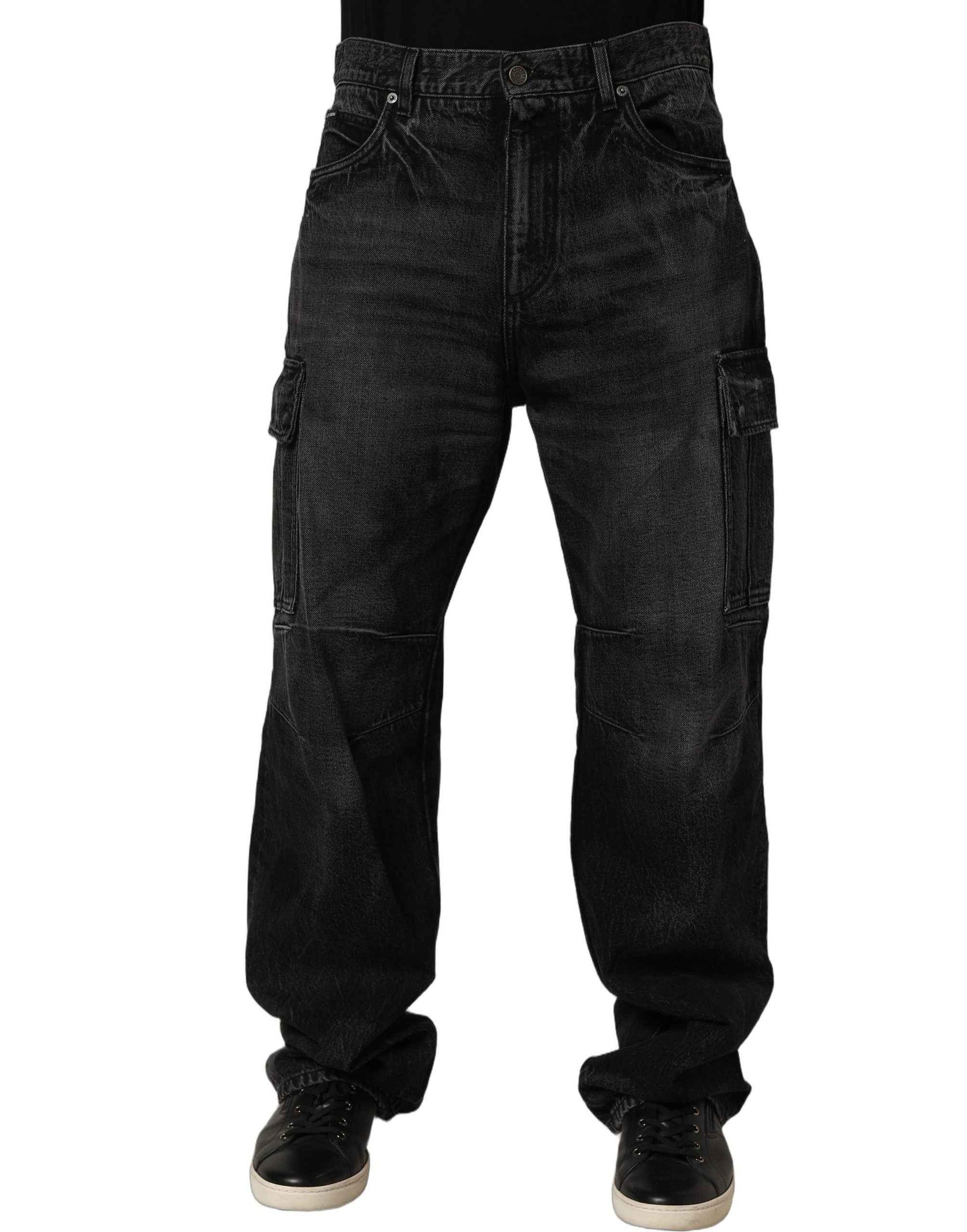 Dark Gray Cotton Baggy Cargo Men Denim Jeans