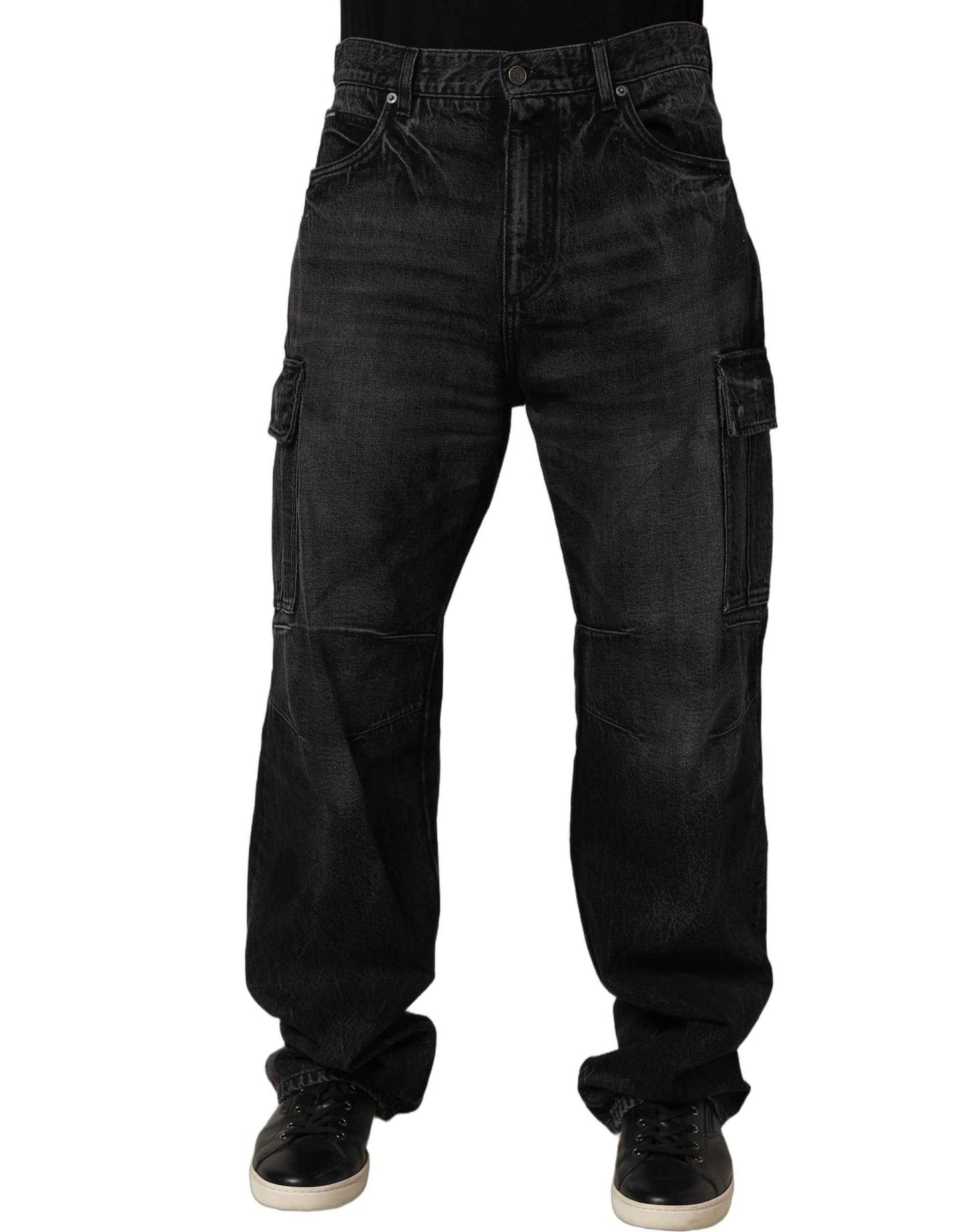 Dark Gray Cotton Baggy Cargo Men Denim Jeans