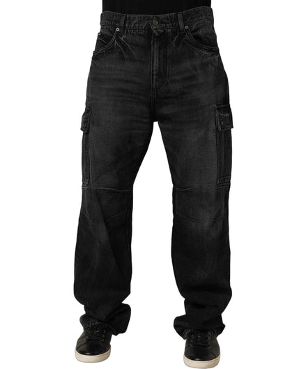 Dark Gray Cotton Baggy Cargo Men Denim Jeans