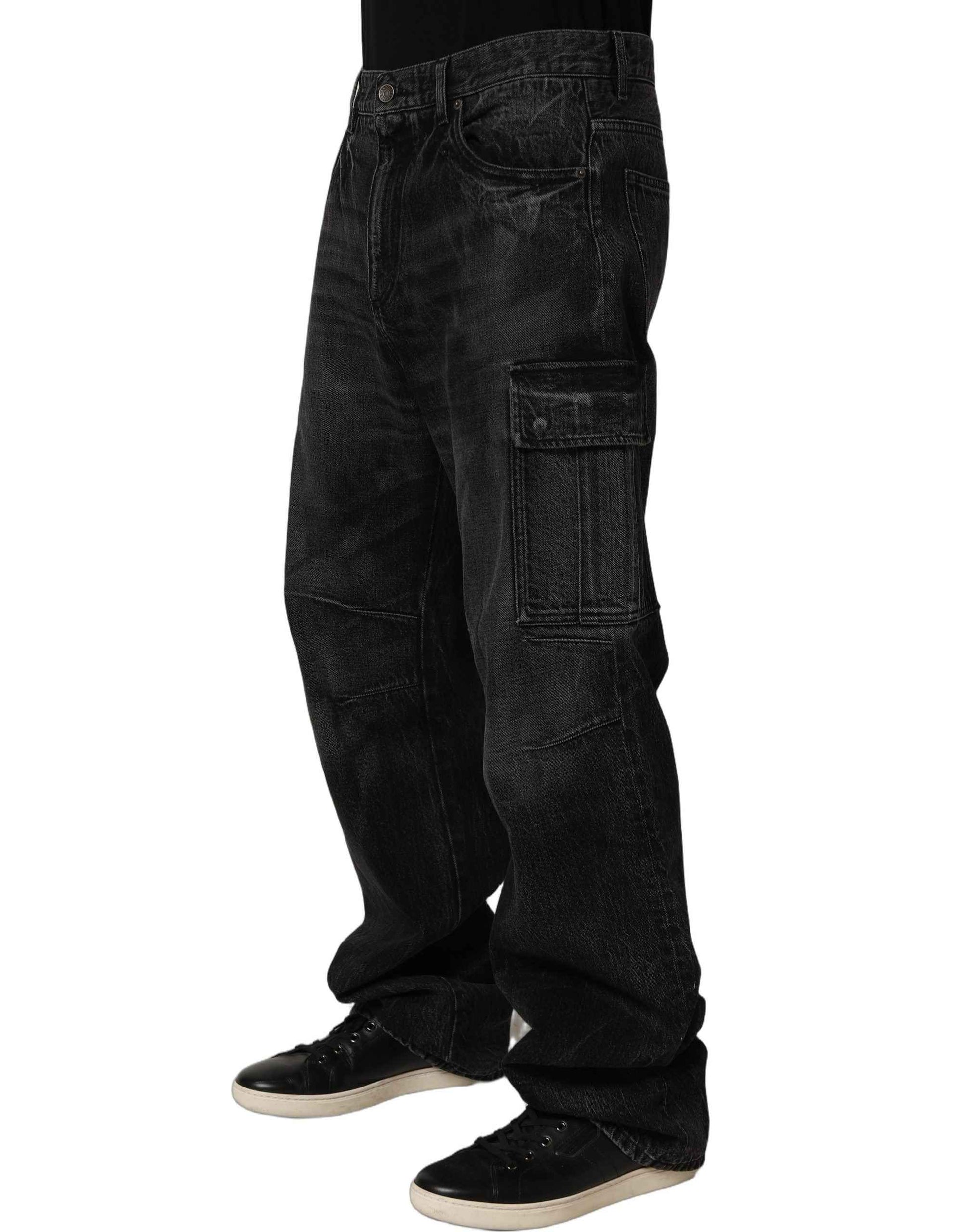 Dark Gray Cotton Baggy Cargo Men Denim Jeans