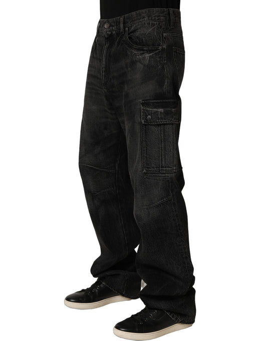 Dark Gray Cotton Baggy Cargo Men Denim Jeans