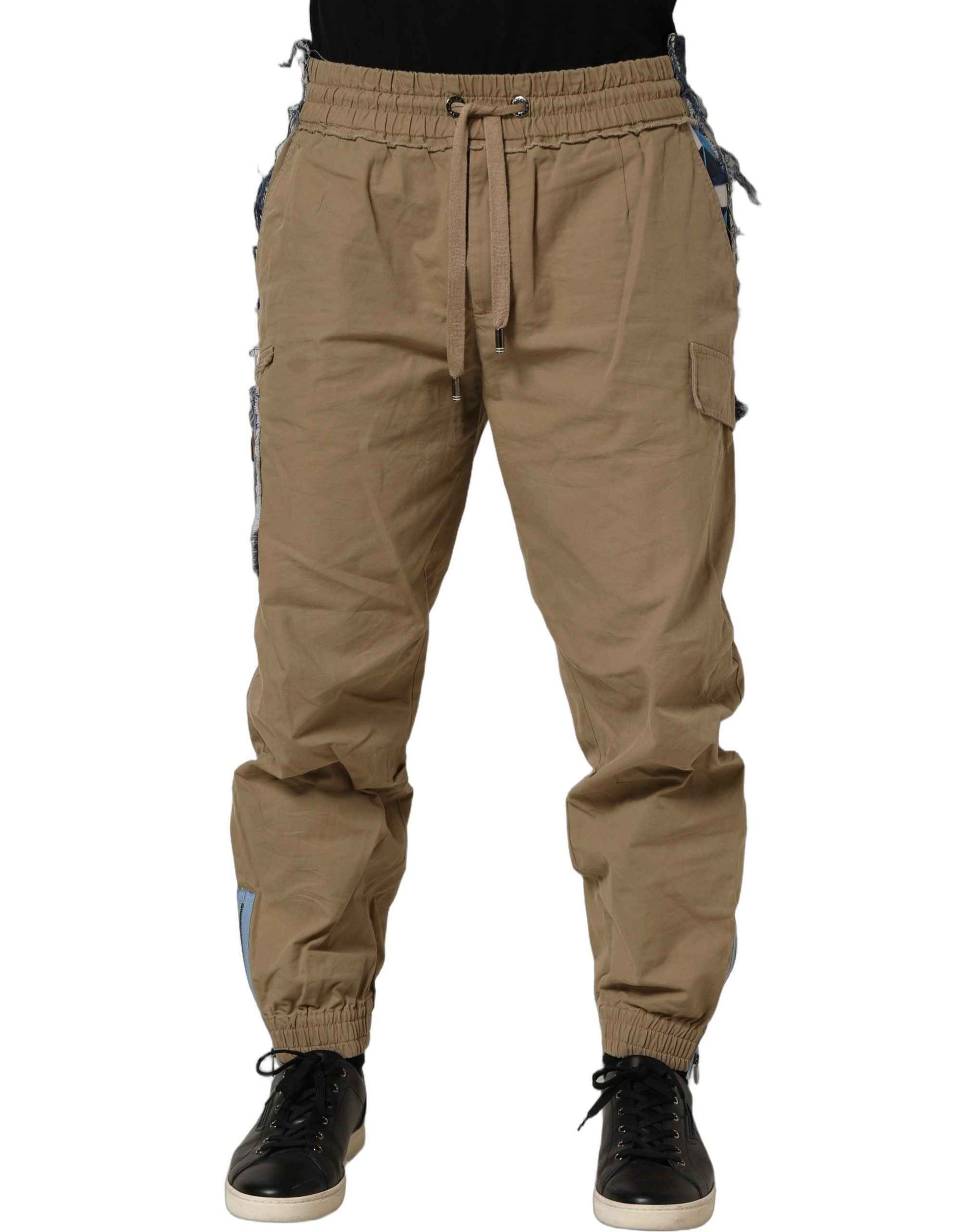 Beige Cotton Cargo Drawstring Trouser Pants