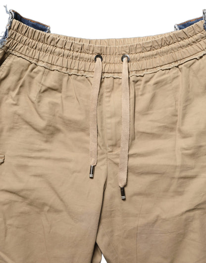 Beige Cotton Cargo Drawstring Trouser Pants