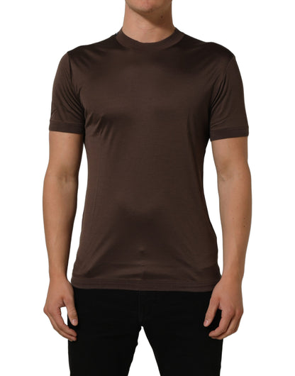Brown Silk Crew Neck Short Sleeves T-shirt