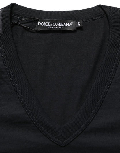 Dark Blue Cotton V-Neck Short Sleeve T-shirt