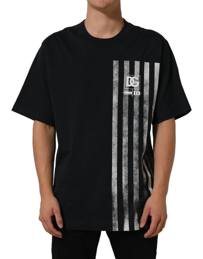 Blue Striped Print Cotton Crew Neck  T-shirt