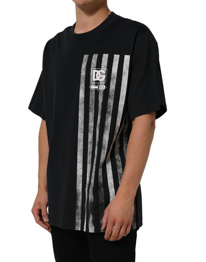 Blue Striped Print Cotton Crew Neck  T-shirt
