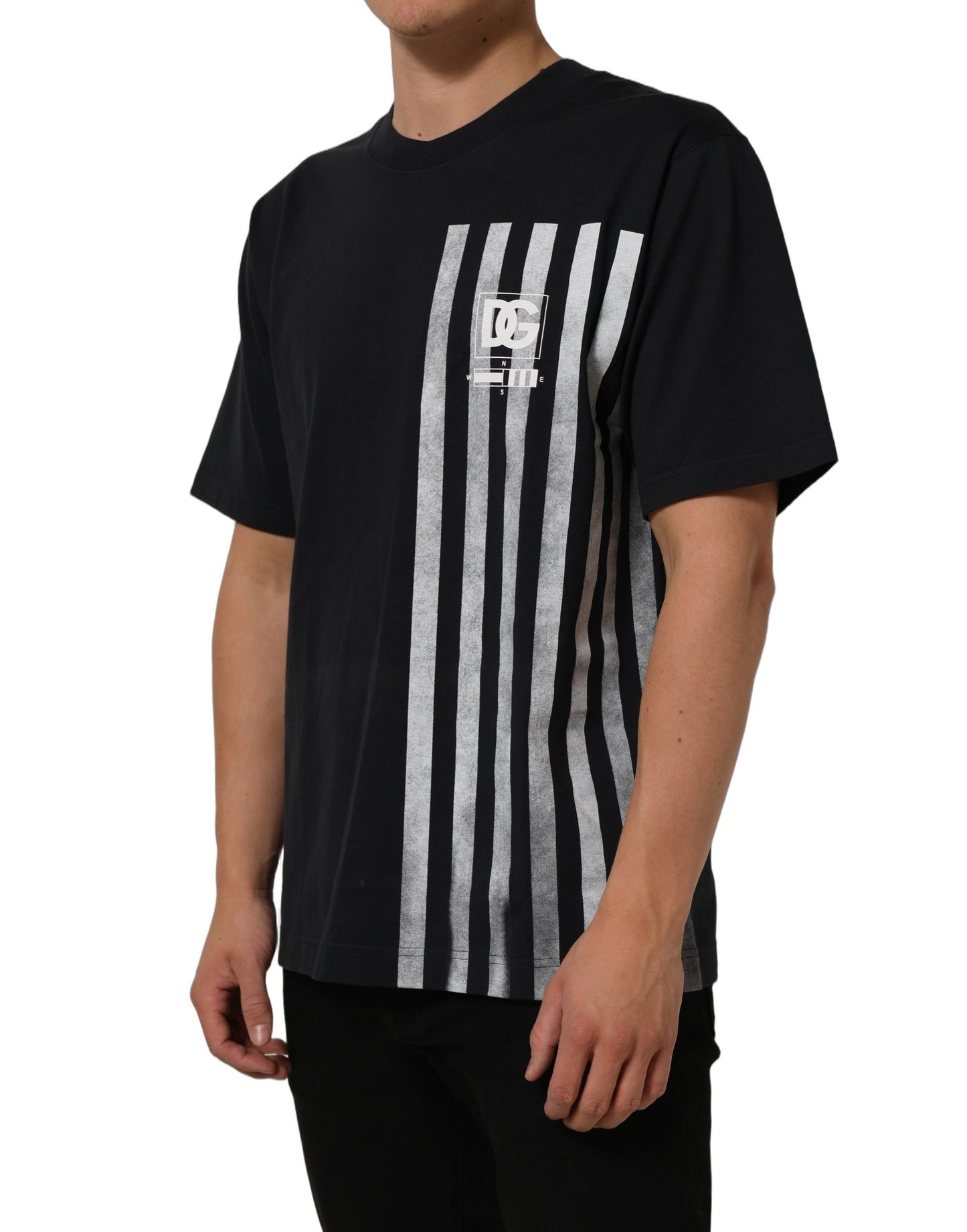 Blue Striped Print Cotton Crew Neck T-shirt