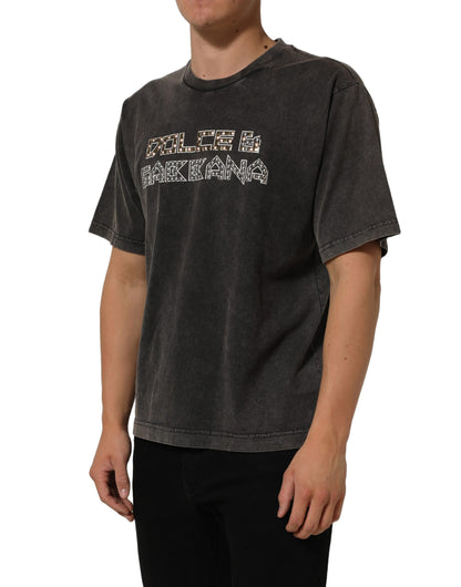 Gray Cotton Logo Stud Embellished T-shirt