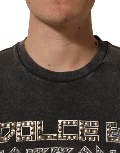Gray Cotton Logo Stud Embellished T-shirt