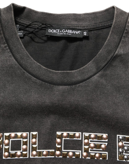 Gray Cotton Logo Stud Embellished T-shirt