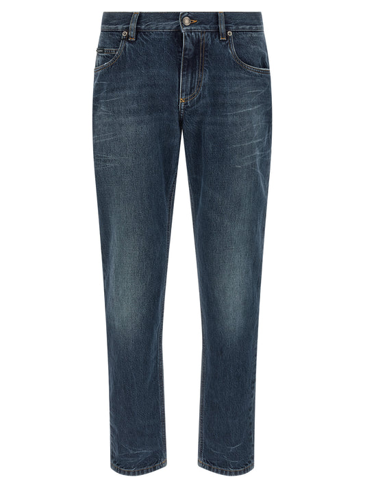 Blue Cotton Straight-Leg Jeans