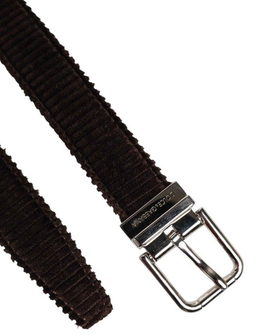 Men Brown Velvet Ridged Silver Buckle Belt