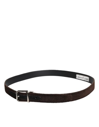 Men Brown Velvet Ridged Silver Buckle Belt