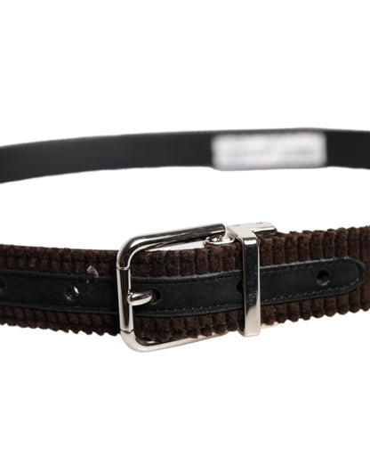 Men Brown Velvet Ridged Silver Buckle Belt