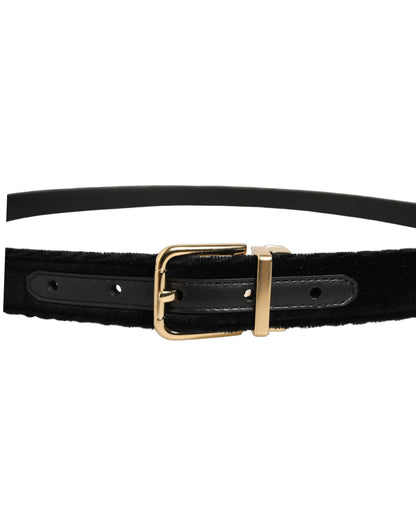 Men Black Velvet Gold Tone Metal Buckle Belt