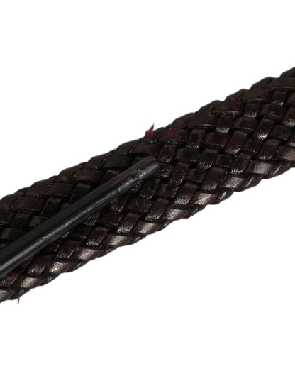 Dark Brown Woven Leather Metal Buckle Belt