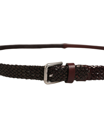 Dark Brown Woven Leather Metal Buckle Belt
