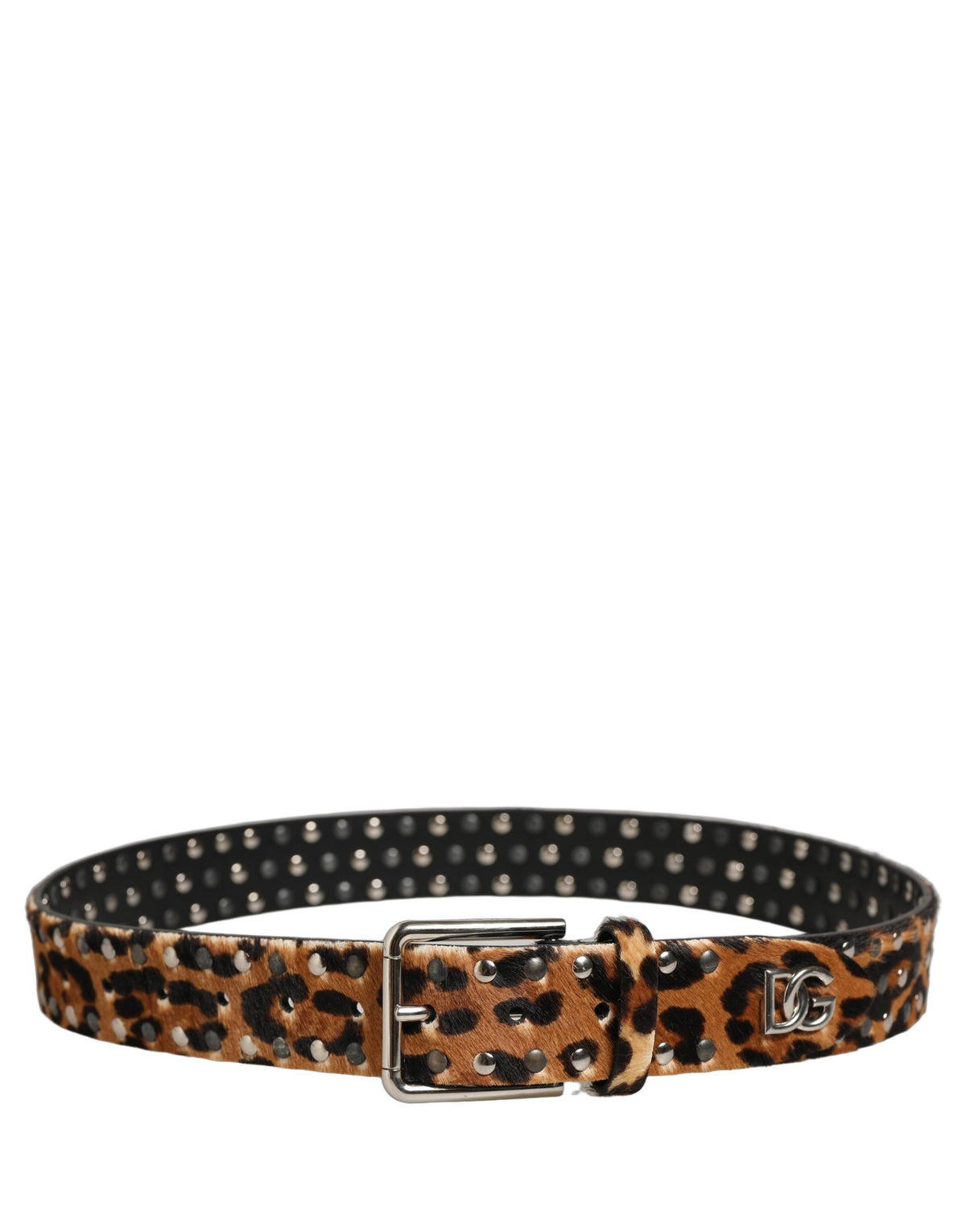 Brown Leopard Calf Hair Studs Metal Buckle Belt