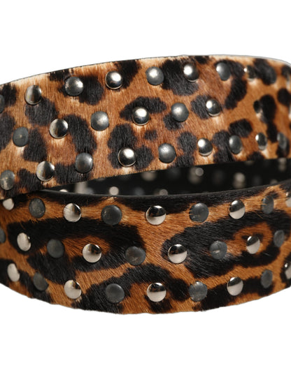 Brown Leopard Calf Hair Studs Metal Buckle Belt