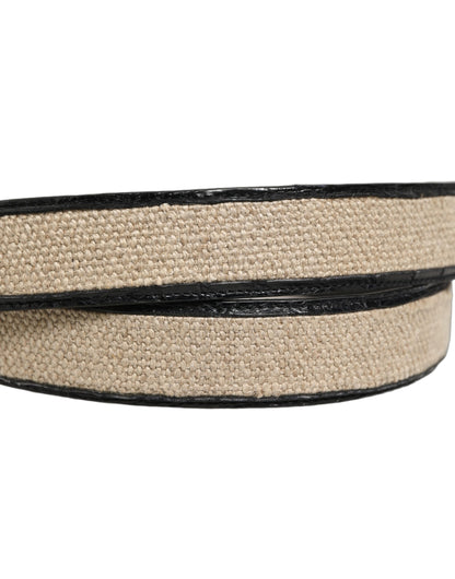 Beige Black Woven Leather Metal Buckle Belt