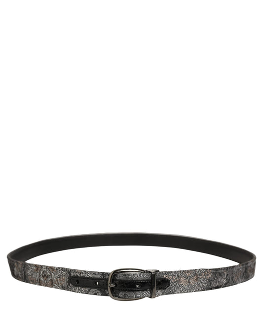 Silver Black Floral Jacquard Metal Buckle Belt