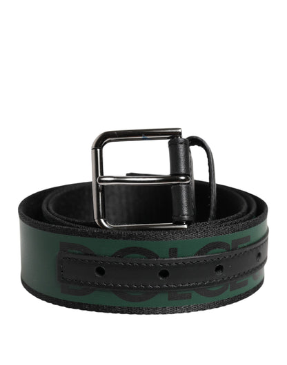 Black Green Logo Silver Tone Metal Buckle Belt