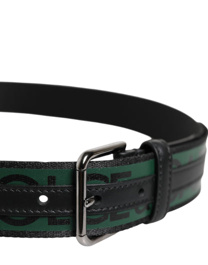 Black Green Logo Silver Tone Metal Buckle Belt