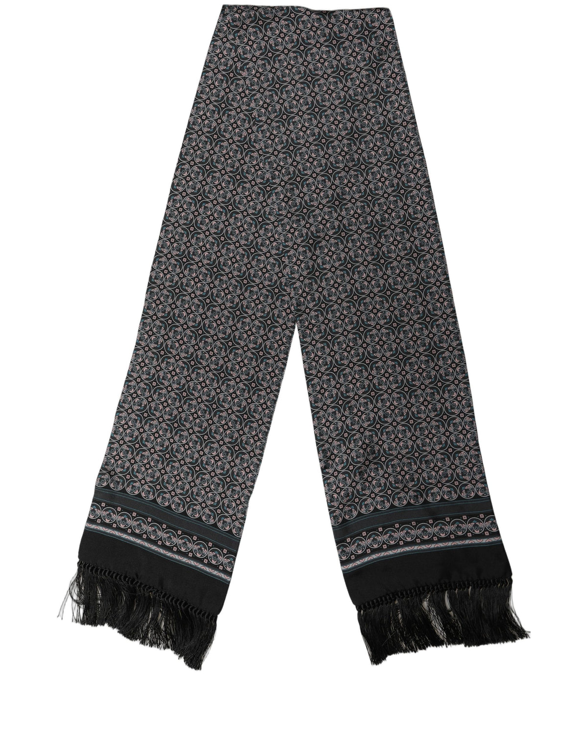 Black Silk Geometric Fringed Neck Shawl Scarf