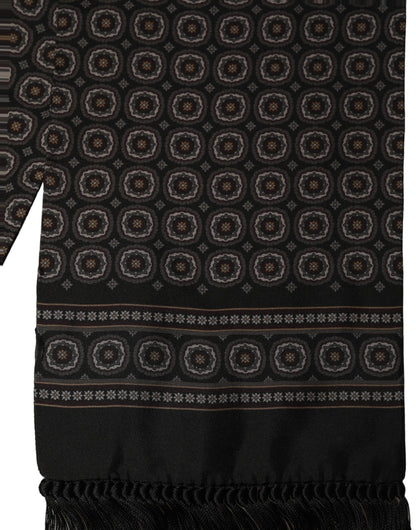 Black Silk Geometric Fringed Neck Shawl Scarf