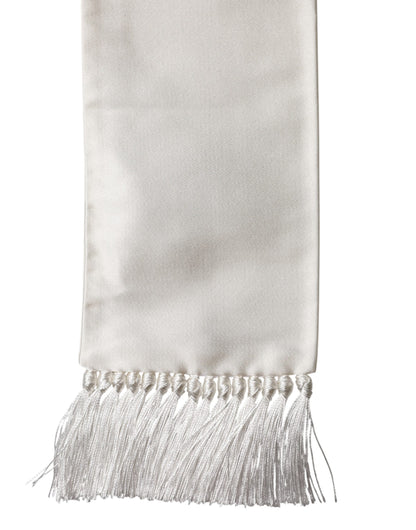 Men White Satin Silk Fringed Lace Stole Scarf