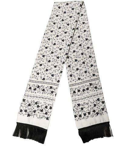 White Floral Silk Fringed Neck Shawl Scarf
