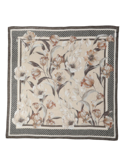 Men Beige Floral Linen Square Foulard Scarf