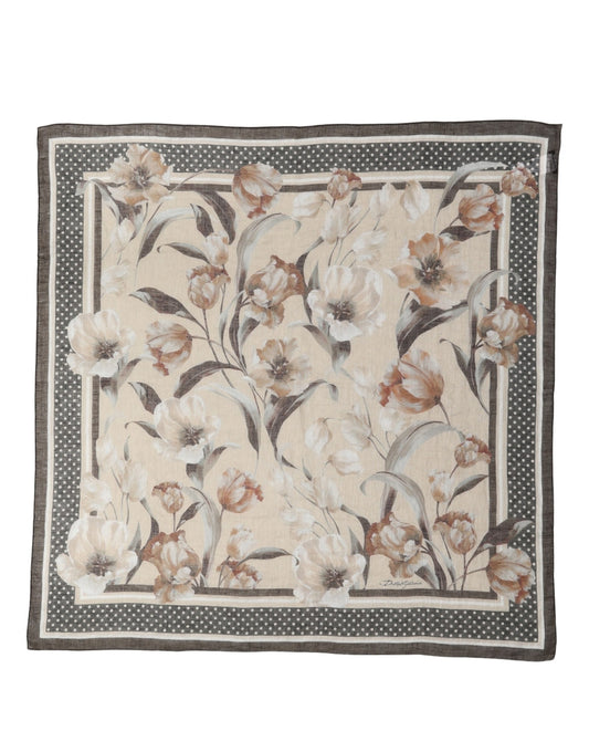 Men Beige Floral Linen Square Foulard Scarf