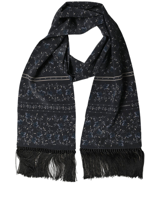 Blue Floral Silk Fringed Neck Shaw Scarf