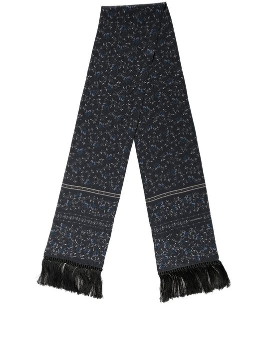 Blue Floral Silk Fringed Neck Shaw Scarf