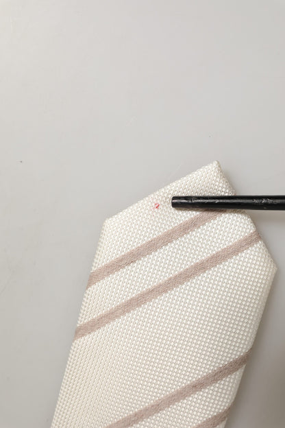 Men Off White Silk Stripes Adjustable Tied Necktie Tie