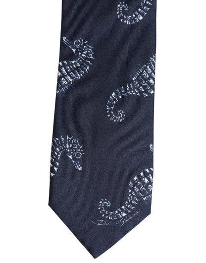 Dark Blue Silk Seahorse Print Adjustable Tied Necktie Tie