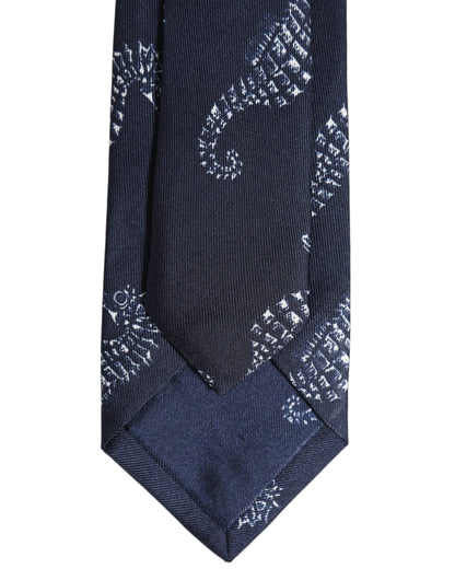 Dark Blue Silk Seahorse Print Adjustable Tied Necktie Tie