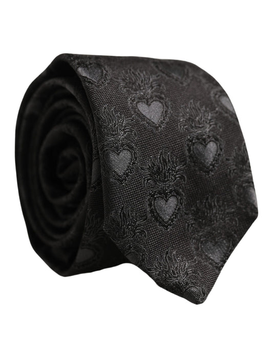 Men Black Silk Sacred Heart Adjustable Tied Necktie Tie