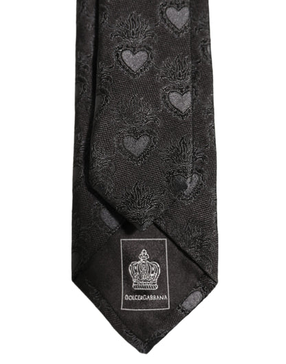 Men Black Silk Sacred Heart Adjustable Tied Necktie Tie