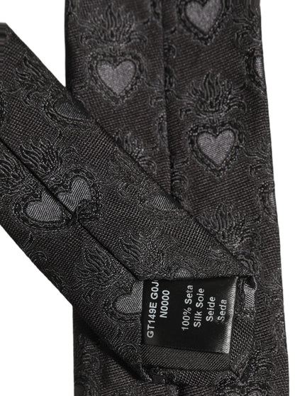 Men Black Silk Sacred Heart Adjustable Tied Necktie Tie