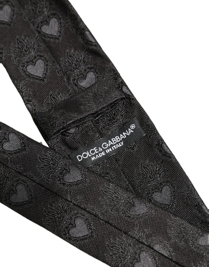 Men Black Silk Sacred Heart Adjustable Tied Necktie Tie