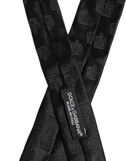 Men Black Crown Pattern Silk Adjustable Tied Necktie Tie