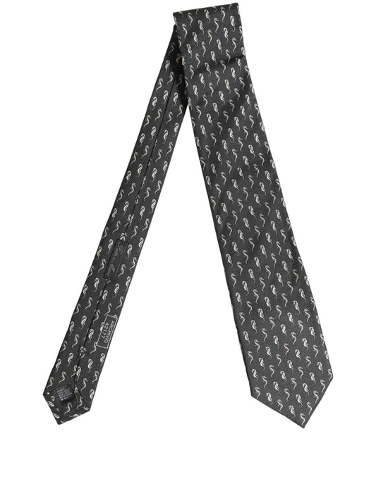 Men Black Seahorse Silk Adjustable Tied Necktie Tie