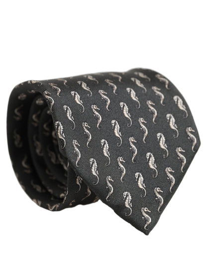 Men Black Seahorse Silk Adjustable Tied Necktie Tie