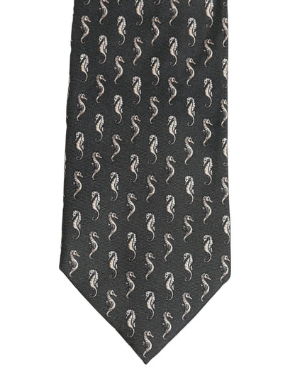 Men Black Seahorse Silk Adjustable Tied Necktie Tie