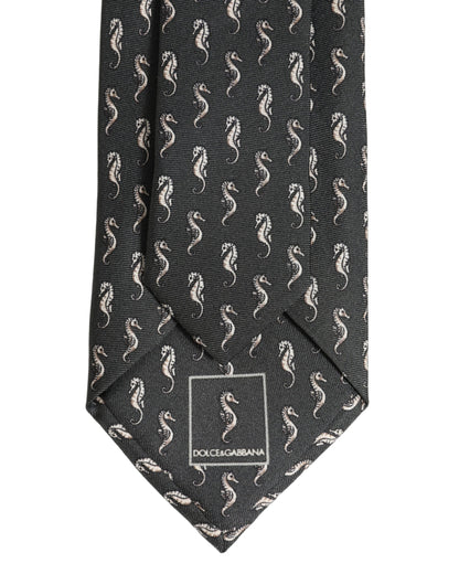 Men Black Seahorse Silk Adjustable Tied Necktie Tie