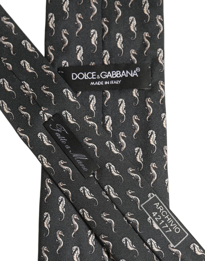 Men Black Seahorse Silk Adjustable Tied Necktie Tie